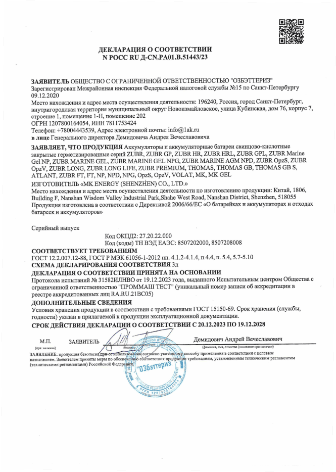 Декларация о соответствии NPOCC RU Д-CN.PA01.B.51443/23
